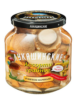 Грибы соленые Ассорти (без уксуса) "Лукашинские"