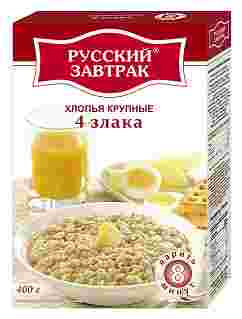 Хлопья 4 злака крупные (пшеничные,овсяные,ячменные,ржаные) Русский Завтрак 400г